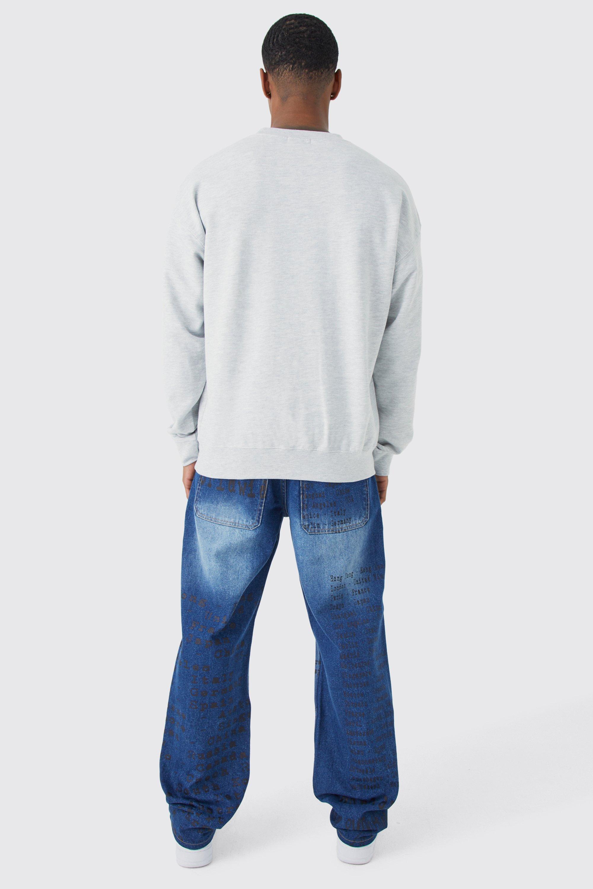 Relaxed Rigid All Over Text Laser Print Jeans | boohoo